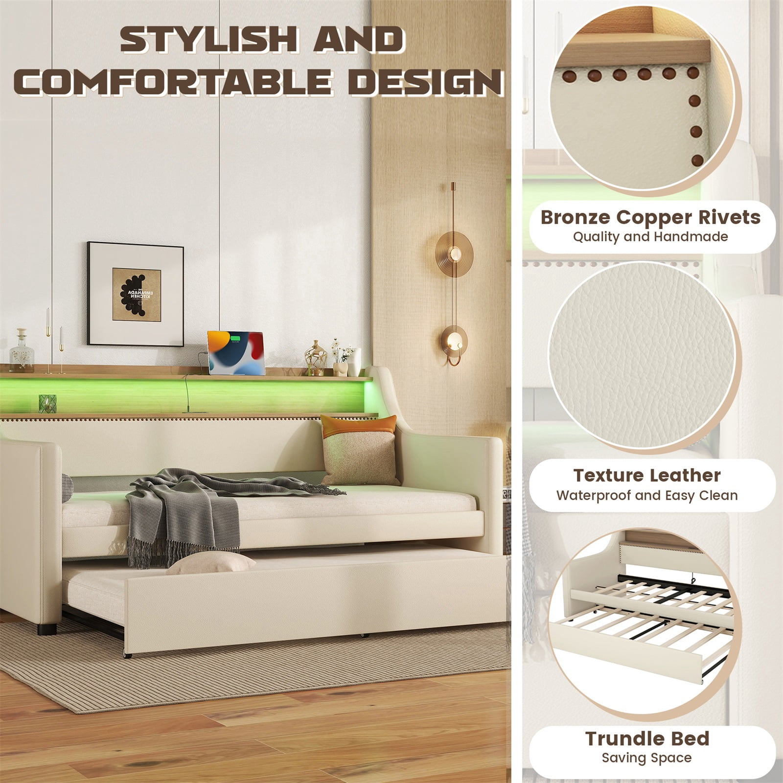 Hommoo Wooden Twin Size Daybed with Trundle, Modern Upholstered Linen Fabric Daybed with Charging Station and LED Lights, Beige