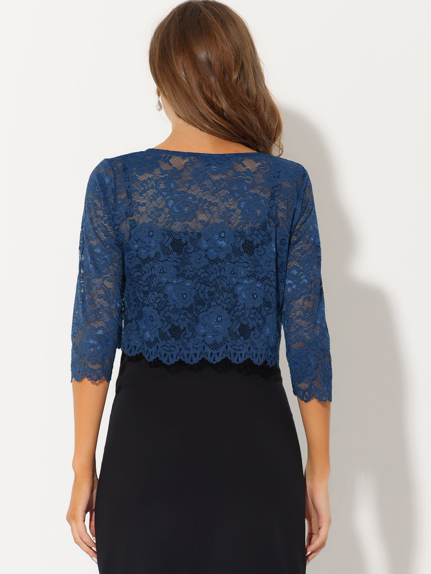 DARING DIVA Leisure Allover Floral Lace Crop Shrug Cardigan M Navy Blue