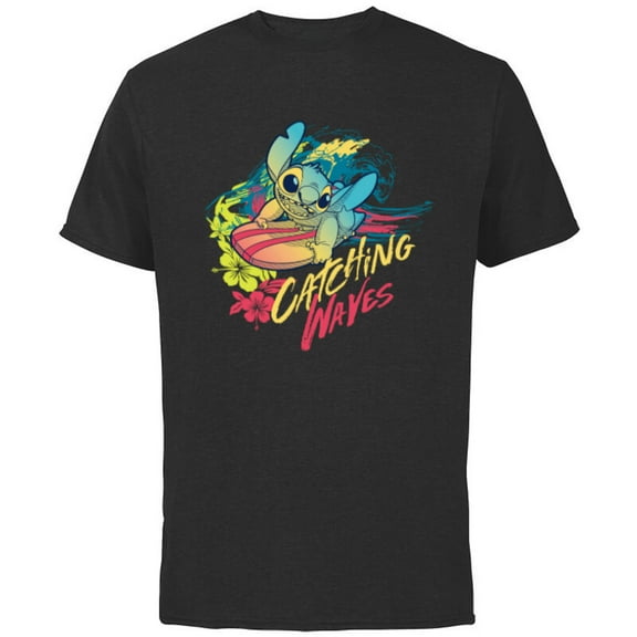Disney Lilo & Stitch Beach Vibes Surfing Catching Waves - Short Sleeve Cotton T-Shirt for Adults - Customized-Black