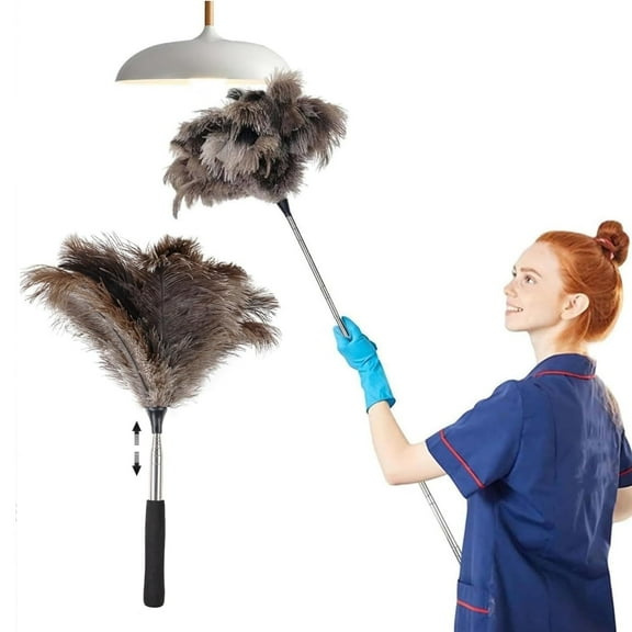 Extendable Ostrich Feather Duster,Fluffy Long Handle Reusable Feather Duster,45 inch Washable Telescoping Dust Remover for Cleaning Ceiling Fan/High Ceiling/Pendant Lamp/Blinds,1 Pc,Topboutique