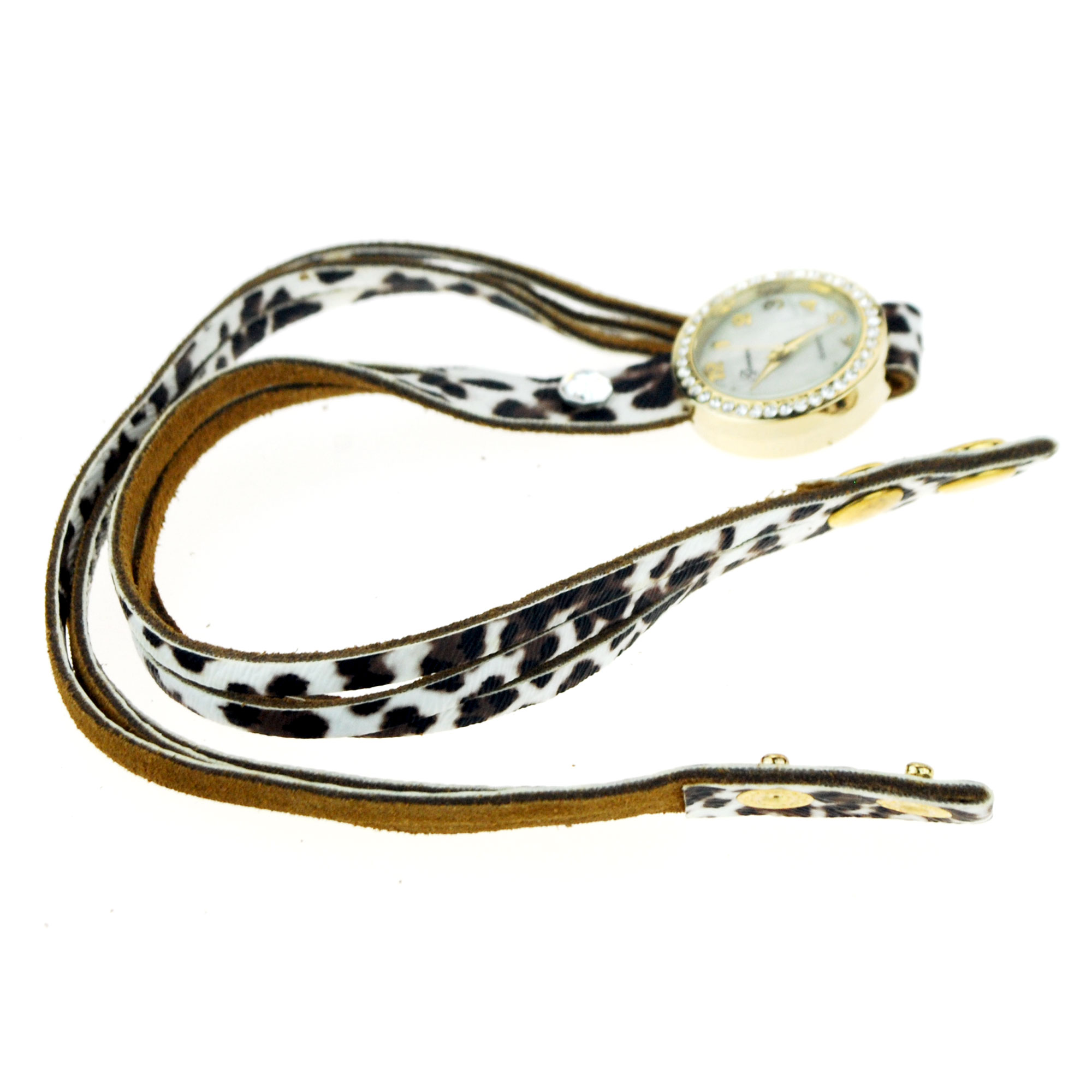 Geneva White Leopard Leather Bracelet Rhinestone Round  display picture 3