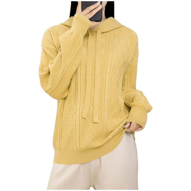 WRKEKC Chandails à Capuchon pour Femmes Couleur Unie Texture Manches Longues à Capuche avec Cordon de Serrage Décontracté et Capuche Réglable pour Style Urbain
