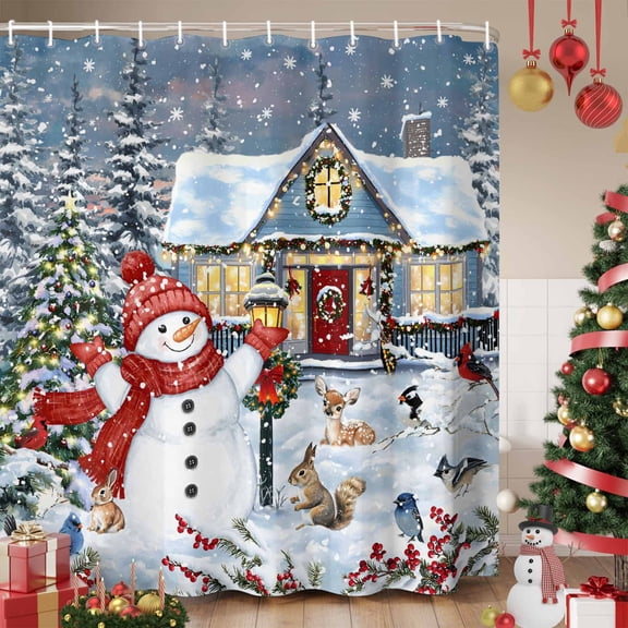 Christmas Snowman Shower Curtain, Xmas Farmhouse Snowflake Tree Waterproof Fabric Shower Curtains with 12 Hooks, Bathroom Curtain Set for Bathroom Accessories Decor, 72 x 72 Inches