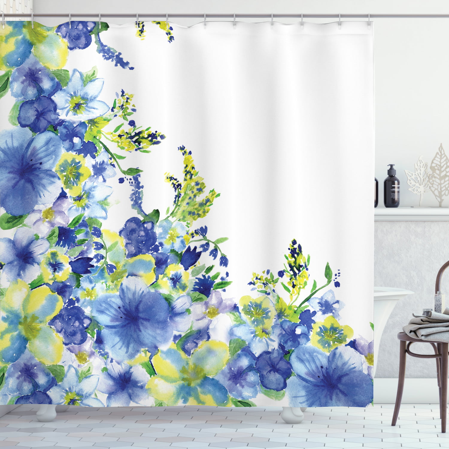 Light Blue Theme Decoration Shower Curtain Flowers Waterproof Polyester Fabric 