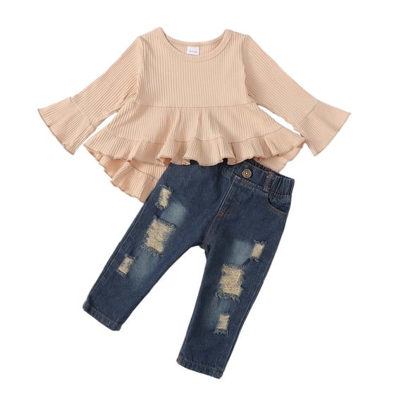 2T Baby Girls Clothes 3T Girls 2PCS Fall Winter Outfits Set Solid Color Toddler Girls Long Sleeve Irregular Top Denim Pants Set Apricot