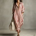 thumbnail image 2 of Women's Vertical Stripe Shirt Maxi Dress, Collar 3/4 Sleeve Loose Oversized Casual Vacation Tunic Dress with Side Pockets Red XXXL(XXXL), 2 of 5