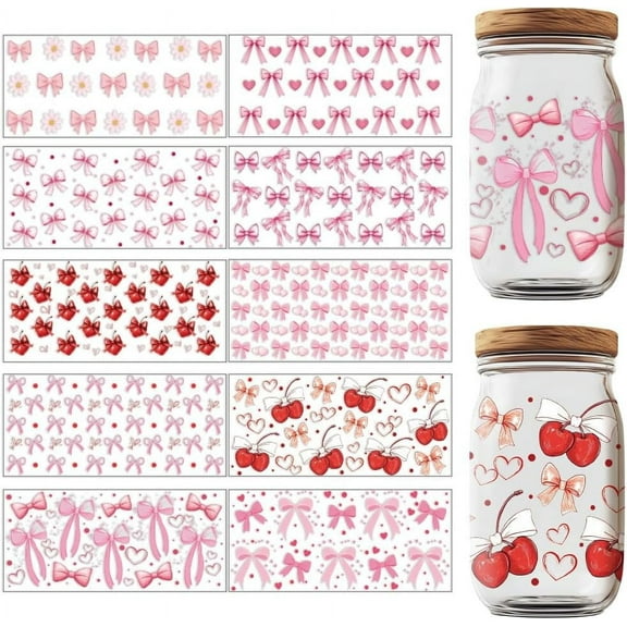 10 Sheets Tie UV DTF Wraps Bowknot Print UV DTF Cup Wraps Pink Tie Rub on Transfer Stickers Decal for 16 Oz Glass Cups Mugs Container Decor