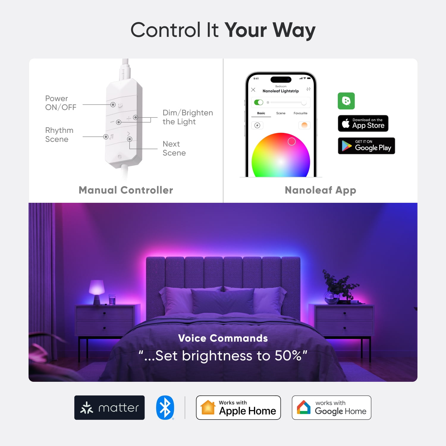 Nanoleaf Essentials Matter LED Light Strip, RGBW, 16.4 ft (1 Piece Strip Unit), Indoor Use