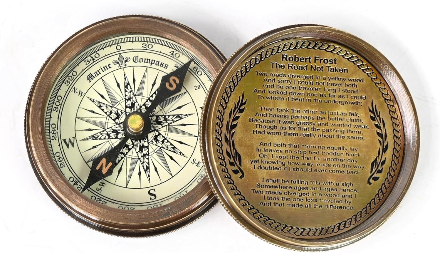 Marine Pocket Compass 1920, Vintage Brass Nautical Compass with Robert Frost Poem