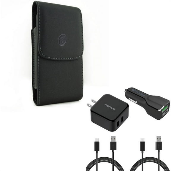 Black Vertical Leather Phone Case w 4-in-1 Combo Adaptive Fast Home Car Charger 6ft Long (Two) USB Cable V7K for LG V50 ThinQ 5G, Stylo 4 - Motorola Moto G7 Power - Nokia 3.1 Plus