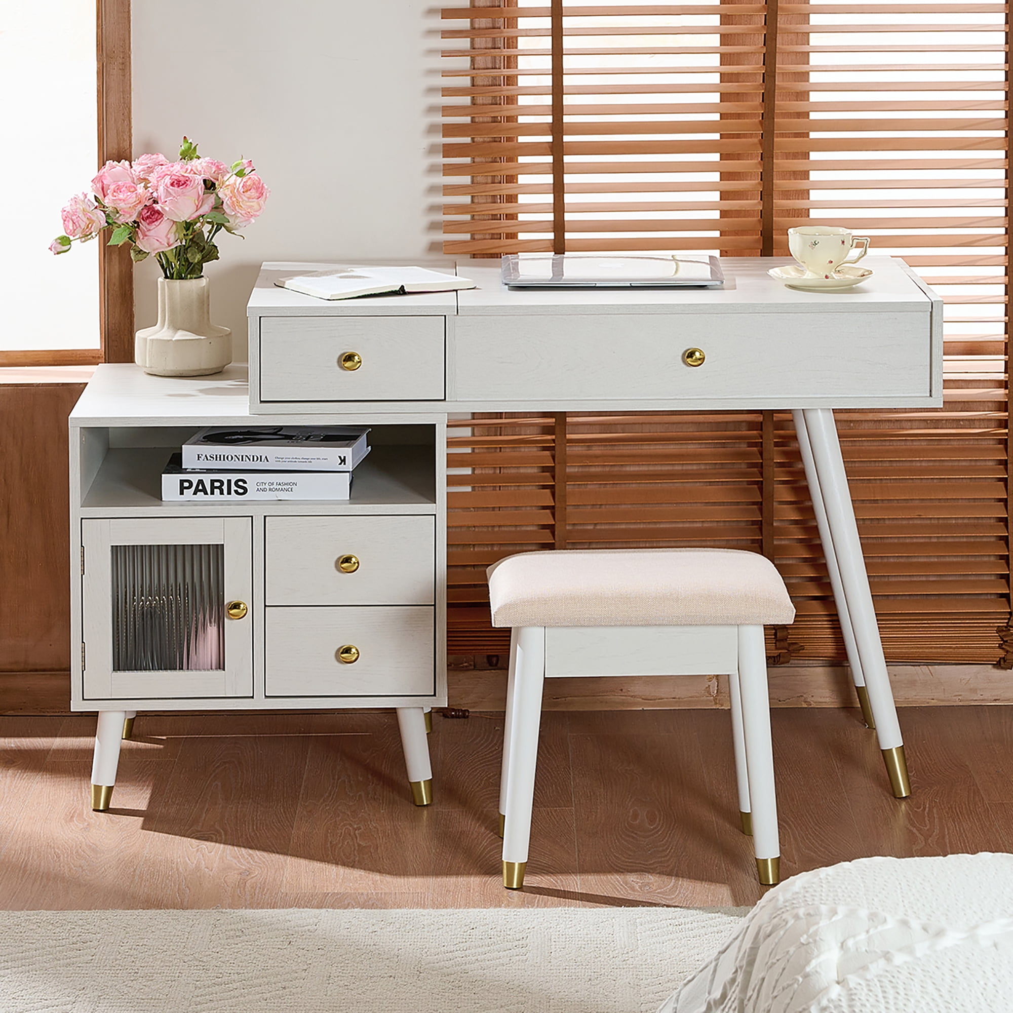 Euroco 3-in-1 Vanity Desk with Lighted Flip-Top Mirror & Adjustable Cabinet, Makeup Dressing Table with Stool, Dresser with Drawers for Bedroom, White