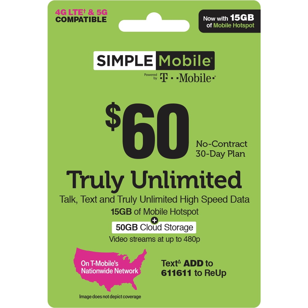 Simple Mobile 60 TRULY UNLIMITED 30Day Prepaid Plan + 15GB Mobile