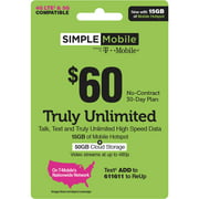 Simple Mobile $60 TRULY UNLIMITED 30-Day Prepaid Plan + 15GB Mobile Hotspot, 50GB Cloud Storage & International Calling Credit e-PIN Top Up (Email Delivery)