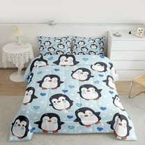 Manfei Cartoon Animal Lover Queen Comforter Set, Antarctic Penguin Print Bedding Comforter Set, Blue Love Heart Bedding Set, Super Cozy Room Decor, 3-Piece