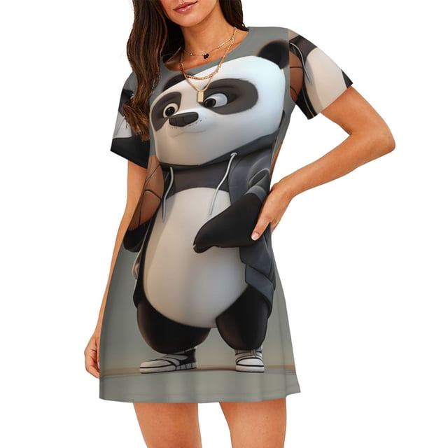 Fotbe Cartoon Pandas Basketball Bata de Dormir para Mujer con Estampado, Camisón de Algodón de Manga Corta, Ropa de Dormir Casual