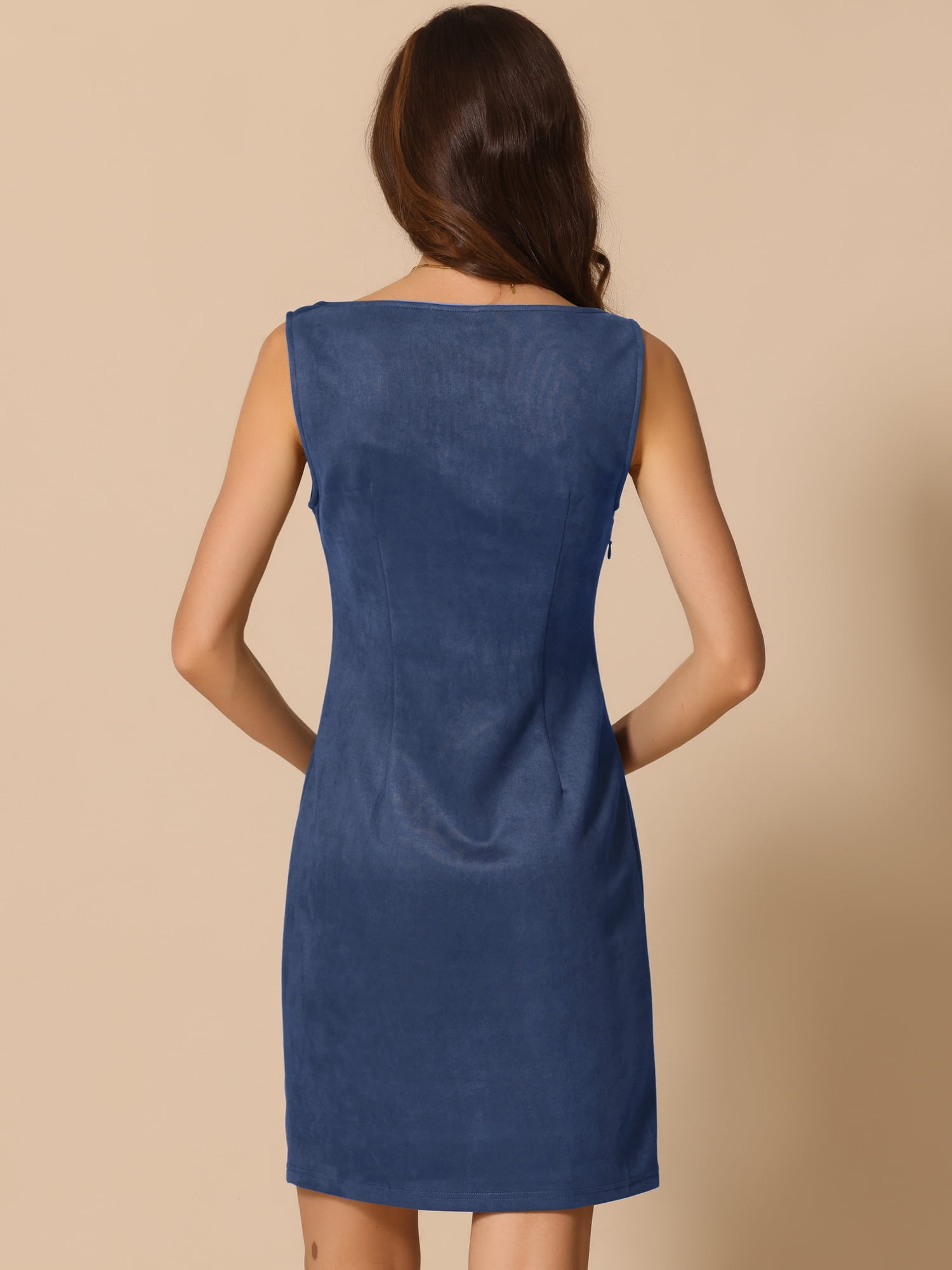 DARING DIVA Faux Suede Boat Neck Sleeveless Sheath Dress Medium Dark Blue