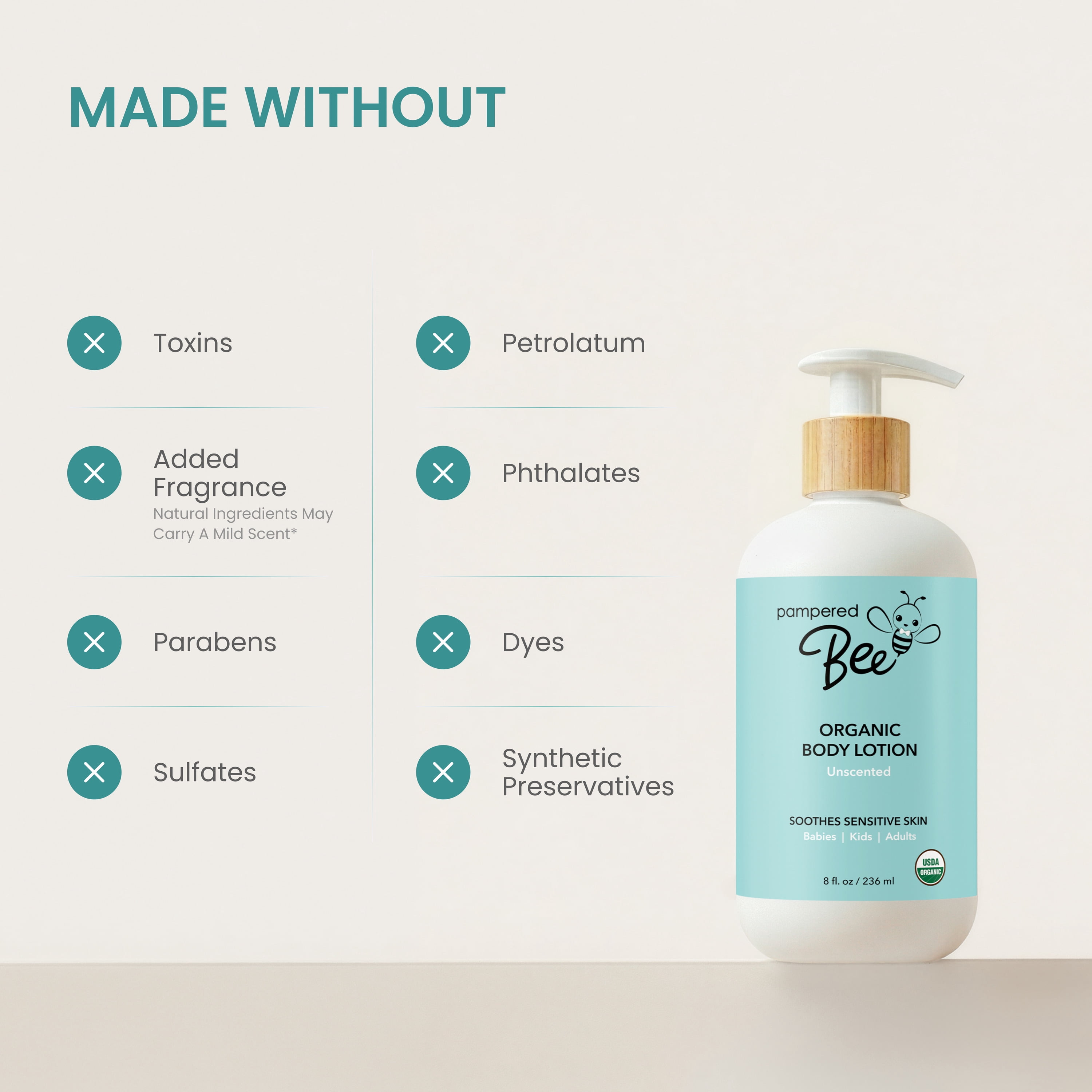 (6 pack) Pampered Bee Organic Unscented Baby Lotion 8 fl oz - Deep Hydration for Sensitive Skin