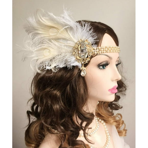 GHSDFBB Bridal 1920s Flapper Feather Headband with Crystal Pearl Head Chain White Feather Roaring 20s Gatsby Headpiece