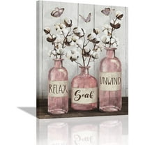 Farmhouse Bathroom Decor Wall Art Rustic Cotton Pink Jar Bathroom Pictures for Wall Country Bathroom Canvas Prints Relax Soak Unwind Signs Painting Modern Artwork Home Decor for Bathroom 12"x16"