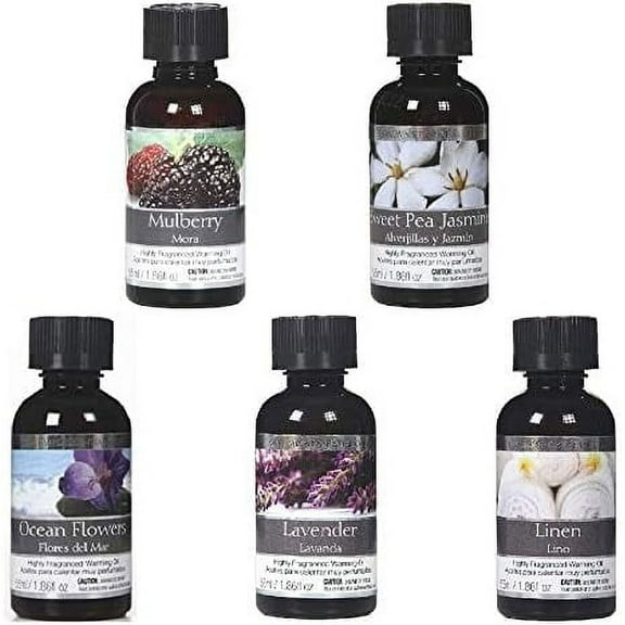 Hosley Set of 5 Fragrance Warming Oils, Mulberry & Sweet Pea Jasmine & Lavender & Ocean Flower & Linen, 55 ML