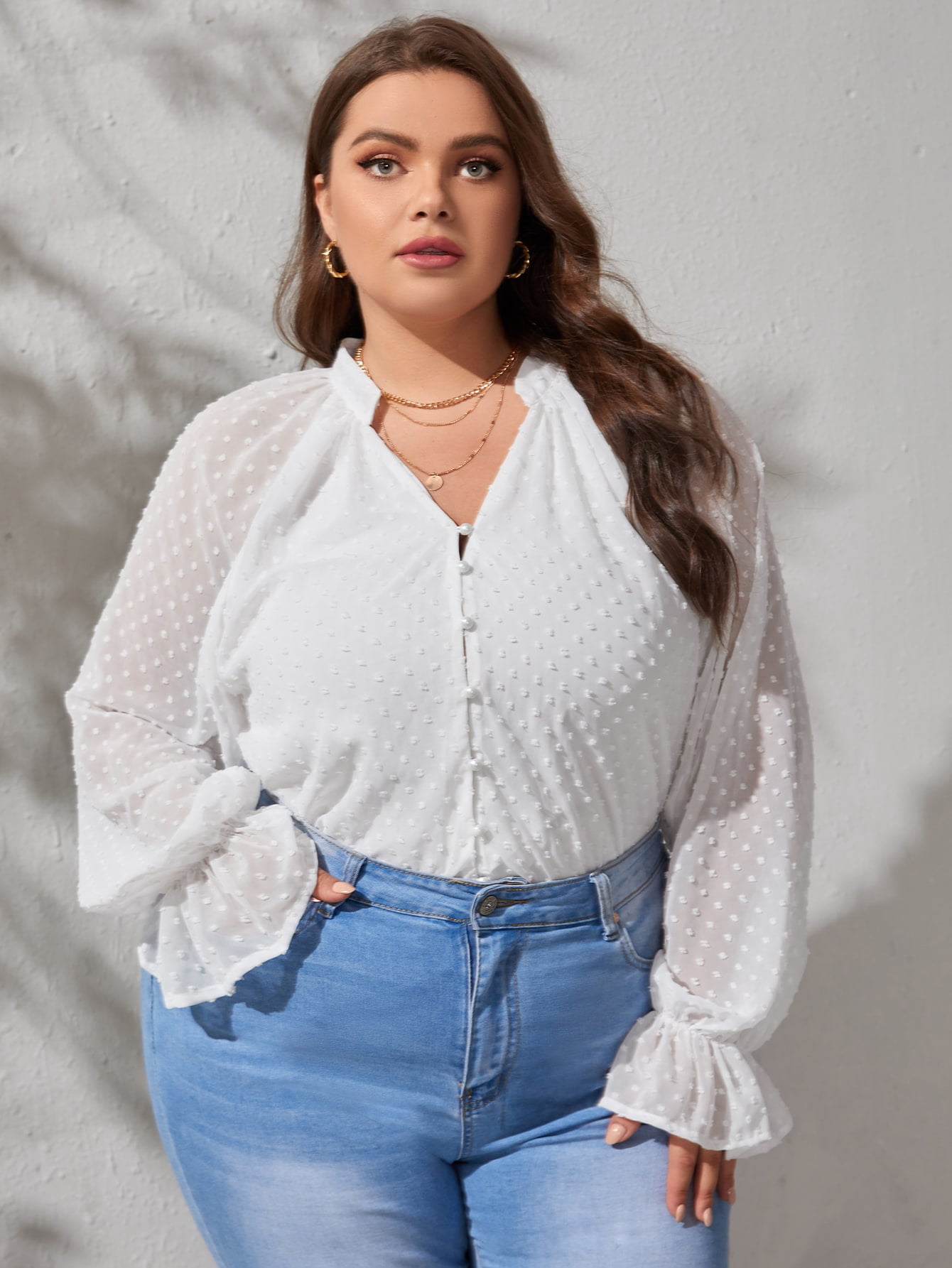 Women's Plus Swiss Dot Flounce Sleeve 