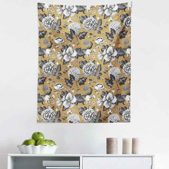 Floral Tapestry, Vintage Composition of Flowers and Leaves Romantic Art Dog-rose Pattern, Fabric Wall Hanging Decor for Bedroom Living Room Dorm, 5 Sizes, Camel Dark Blue Grey, by Ambesonne