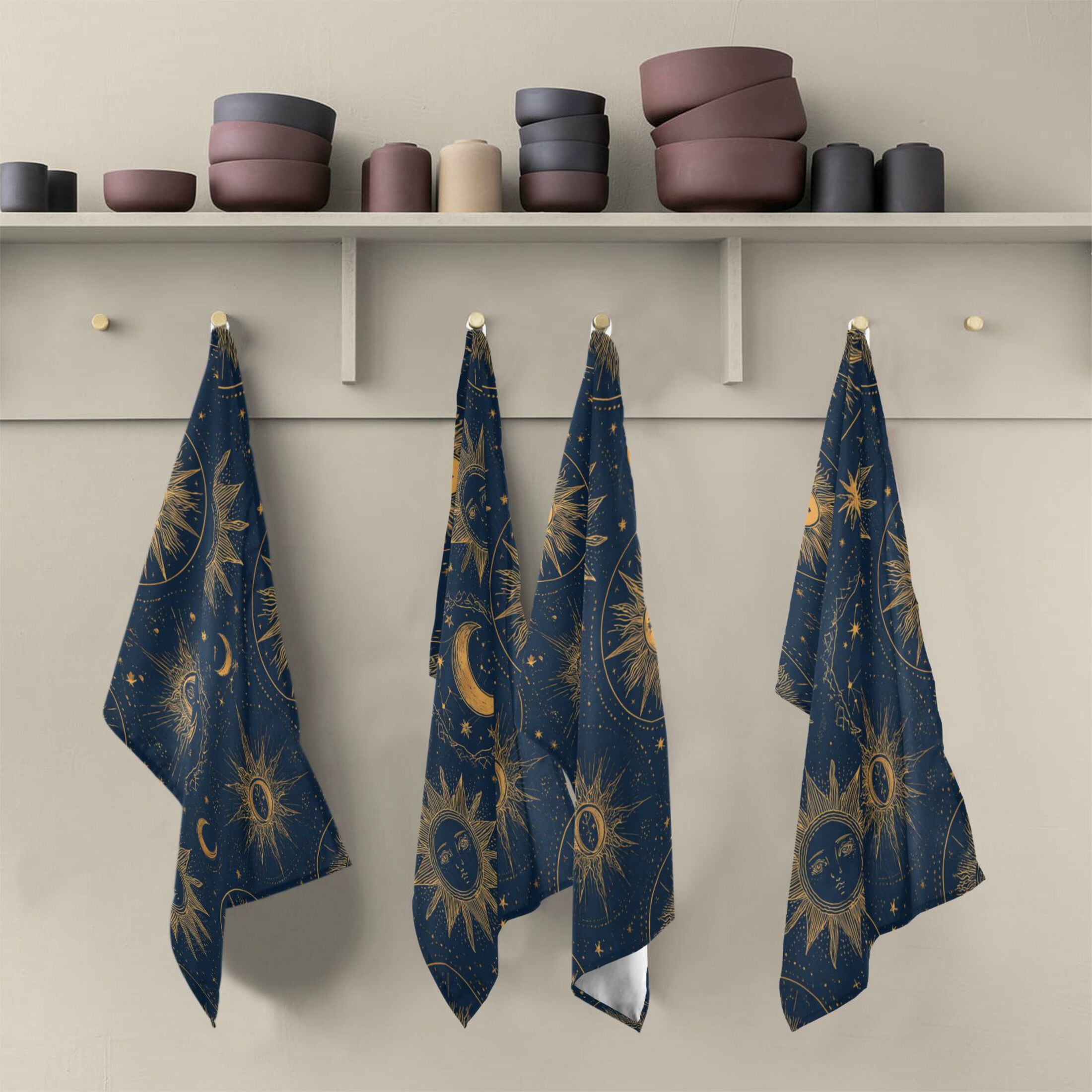 Qxltty Celestial Sun Moon Kitchen Towels 28 x 18 Inch Set of 6 Soft Cotton Linen Feel Dish Towels with Hanging Loop for Drying, Cleaning & Decor