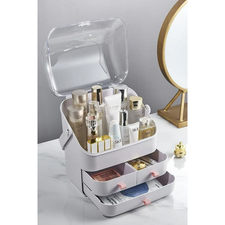 SUNFICON Makeup Organizer Holder Cosmetic Storage Box With Dust Free Cover  Portable Handle,Fully Open Waterproof Lid, Dust Proof Drawers,Great For