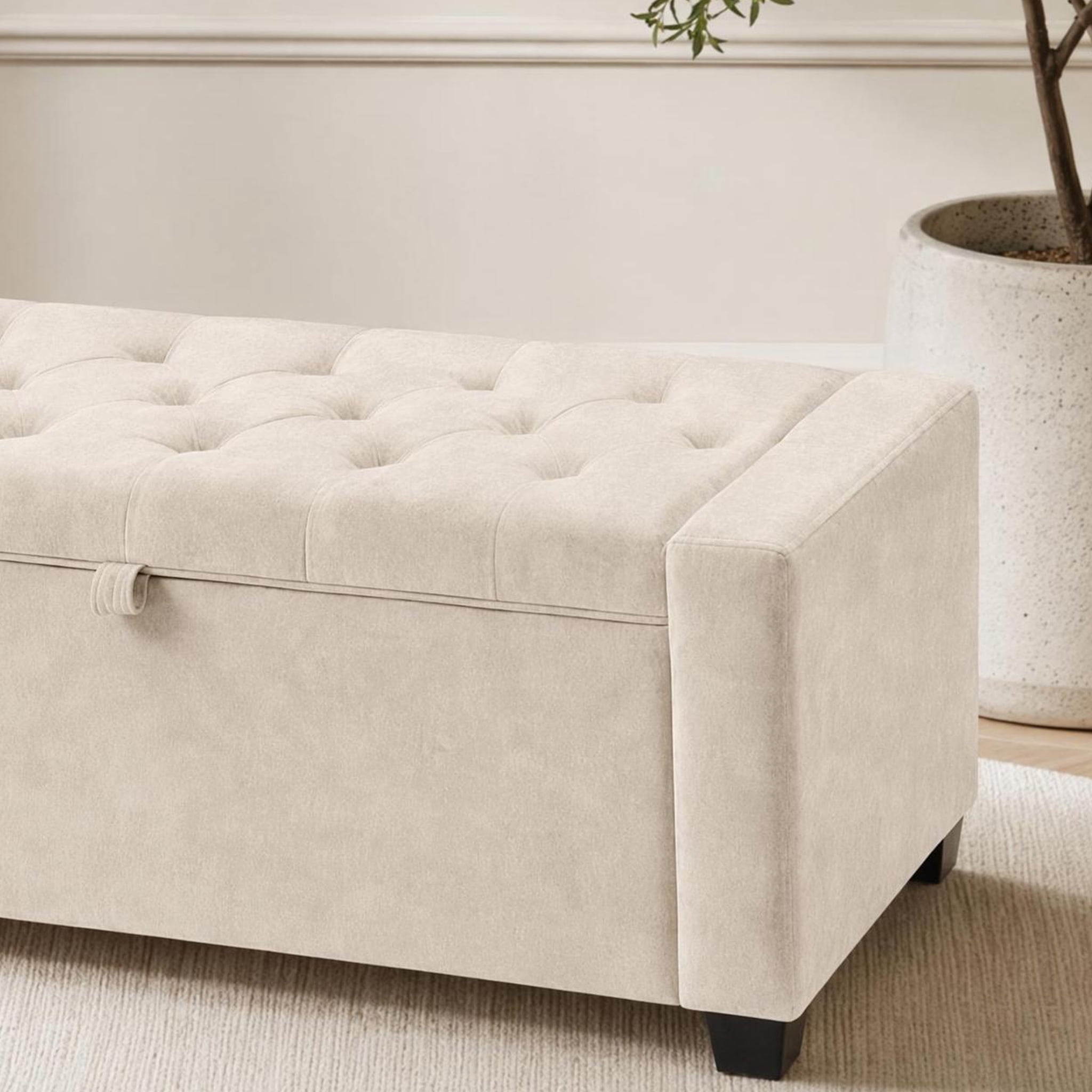 Storage Bench 43.3 Inch, Chenille Upholstered Ottoman Bench with Safety Hinge, End of Bed Storage Bench for Bedroom and Entryway, Beige