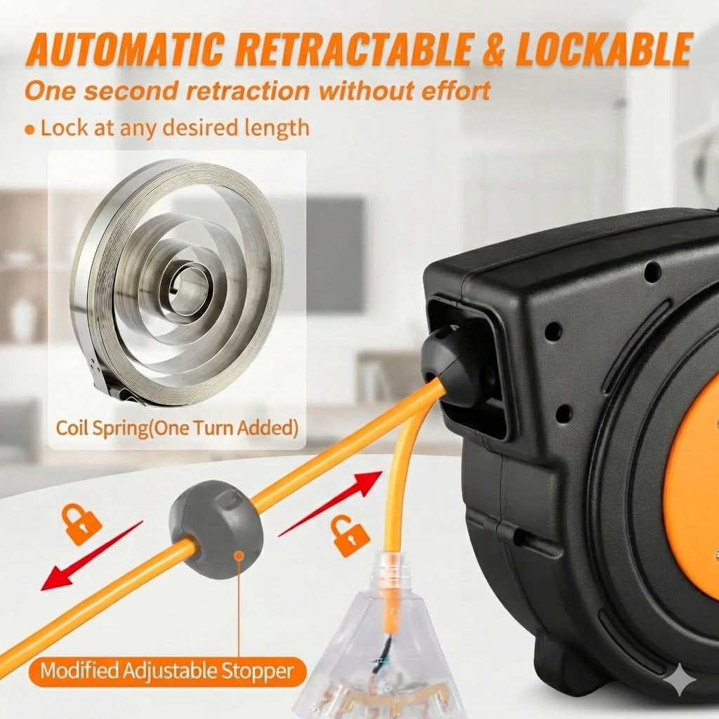 50ft Heavy Duty Retractable Power Cord Reel With 180 Degree Swivel Bracket,14AWG Durable Extension Cord Reel With Lighted Outlet For Mounting Ceiling or Wall Mount