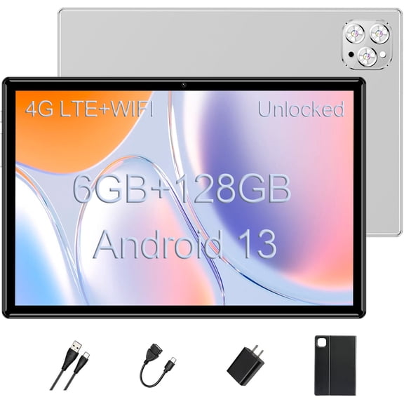 Tablets 10 Inch, Octa-Core Android 13 Unlocked Tablet with SIM Card Slot,128GB ROM 6GB RAM, 5MP 13MP Camera/5G WIFI GPS/BT/6000mAh/1280*800 IPS Screen/Cellular Tablets with Case (Silver)