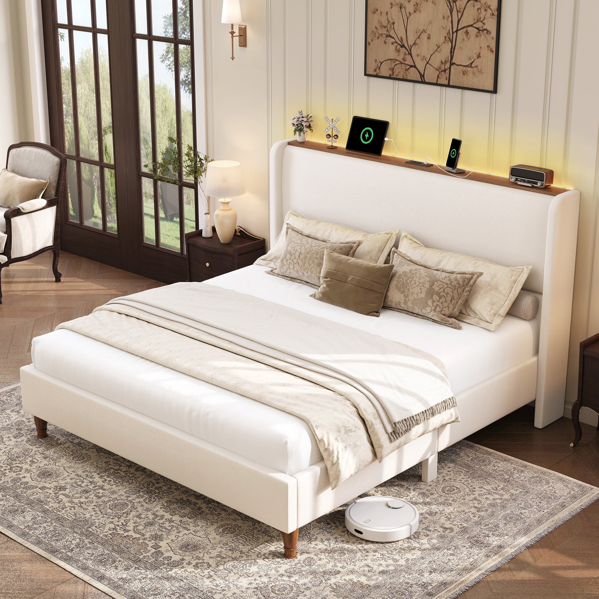 Breltam Upholstered Platform Bed with Wingback Headboard, Queen Bed Frame with LED Lights and Charging Station, Beige