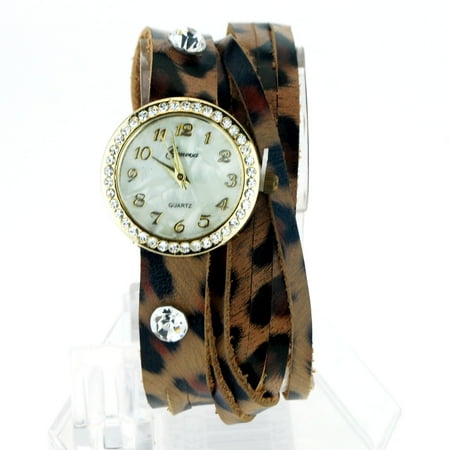 Geneva Brown Leopard Leather Bracelet Rhinestone Round Analog Quartz Wrist Watch