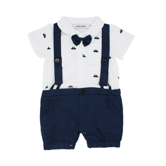 StylesILove Sailor Boat Print Faux Suspender Formal Wear Baby Boy Short Sleeve Romper (90/12-18 Months)