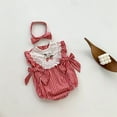 thumbnail image 2 of Rhuody Spring Romper For Girls Crewneck Long Sleeve Baby Girls Romper Jumpsuit Outfit Thin Lace Embroidery Gingham Playsuit With Headband For Classic Wear Red 0-3 Months, 2 of 9