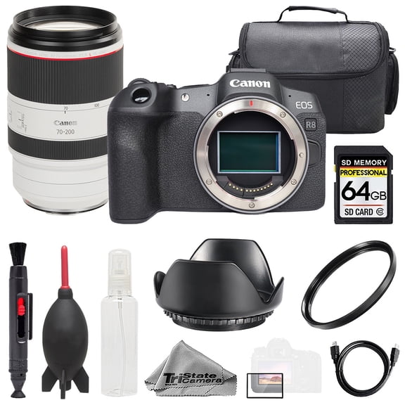 Canon EOS R8 Camera   RF 70-200mm f/2.8L IS USM Lens  64GB   Bag  UV Filter- Basic Kit (International Version)