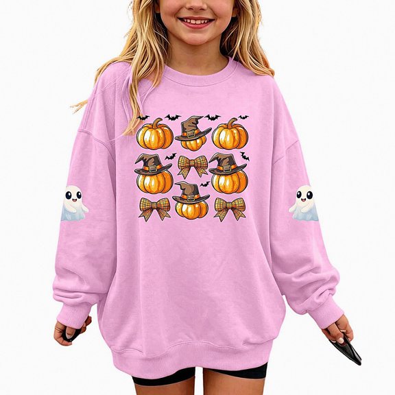 DJDLJWCJ Girls Halloween Fleece Sweatshirt Long Sleeve Crew Neck Oversized Graphic Pullover Kids Fall Casual Halloween Sweatshirts Pink Size 13