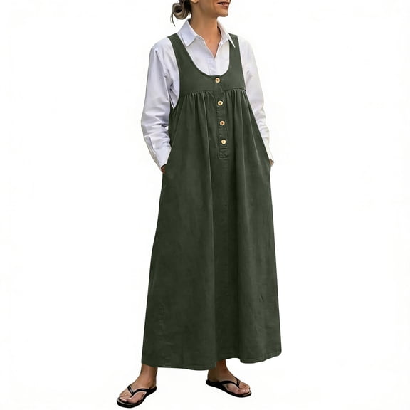 Vhkiploz Summer Maxi Pinafore Dress For Women'S Sleeveless Crew Neck Half-Button Pleated A-Line Dress Solid Color Outwear Beach Tunic Dress With Pockets