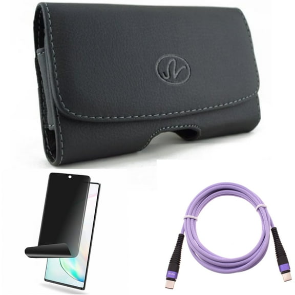 Case Belt Clip & Privacy Screen Protector & Purple 10ft PD Cable for Samsung Galaxy Note 20 (6.7") - Combo with Leather Swivel & TPU Film Anti-Peep & Type-C to USB-C Fast Charger Cord