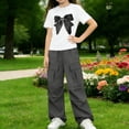thumbnail image 2 of Zpanxa Girl Outfits Sets Girls Denim Bow Graphic Tee and Cargo Wide Leg Pants Set 2 Piece Casual Outfit, 2 of 7