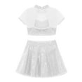 thumbnail image 4 of YiZYiF Kids Girls 2 Piece Sequins Dance Crop Top with Skater Skirt Set for Ballet Lyrical Dancewear Silver 8, 4 of 5
