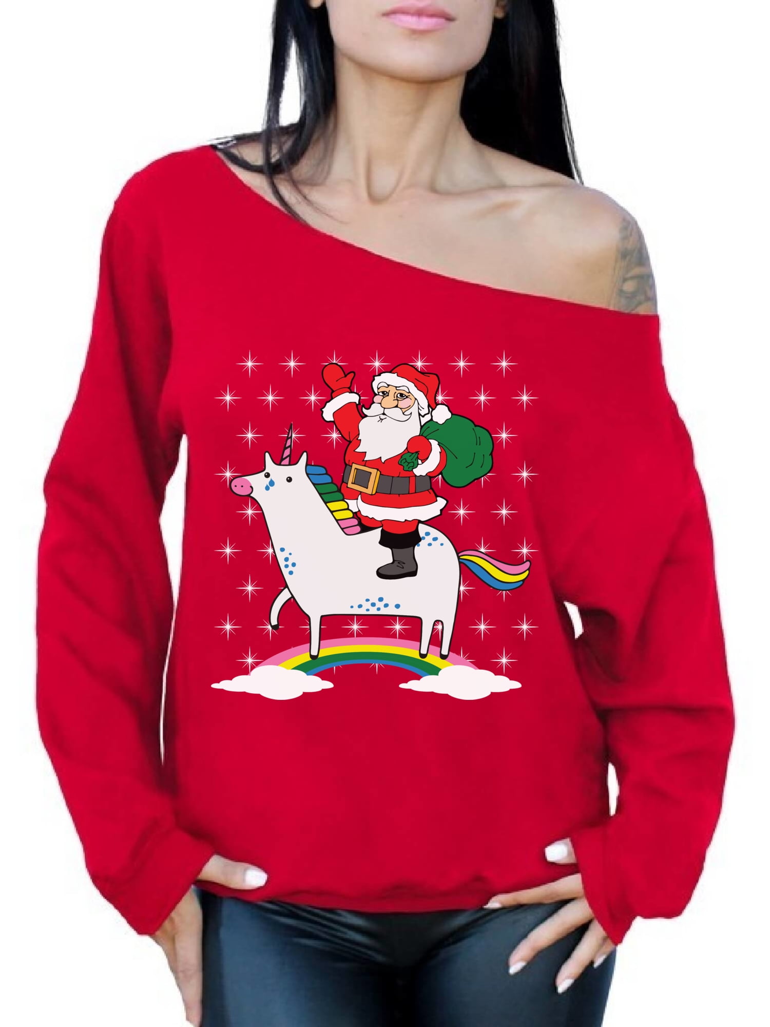 Awkward Styles - Awkward Styles Unicorn Santa Off The Shoulder Sweatshirt Women's Unicorn Santa 