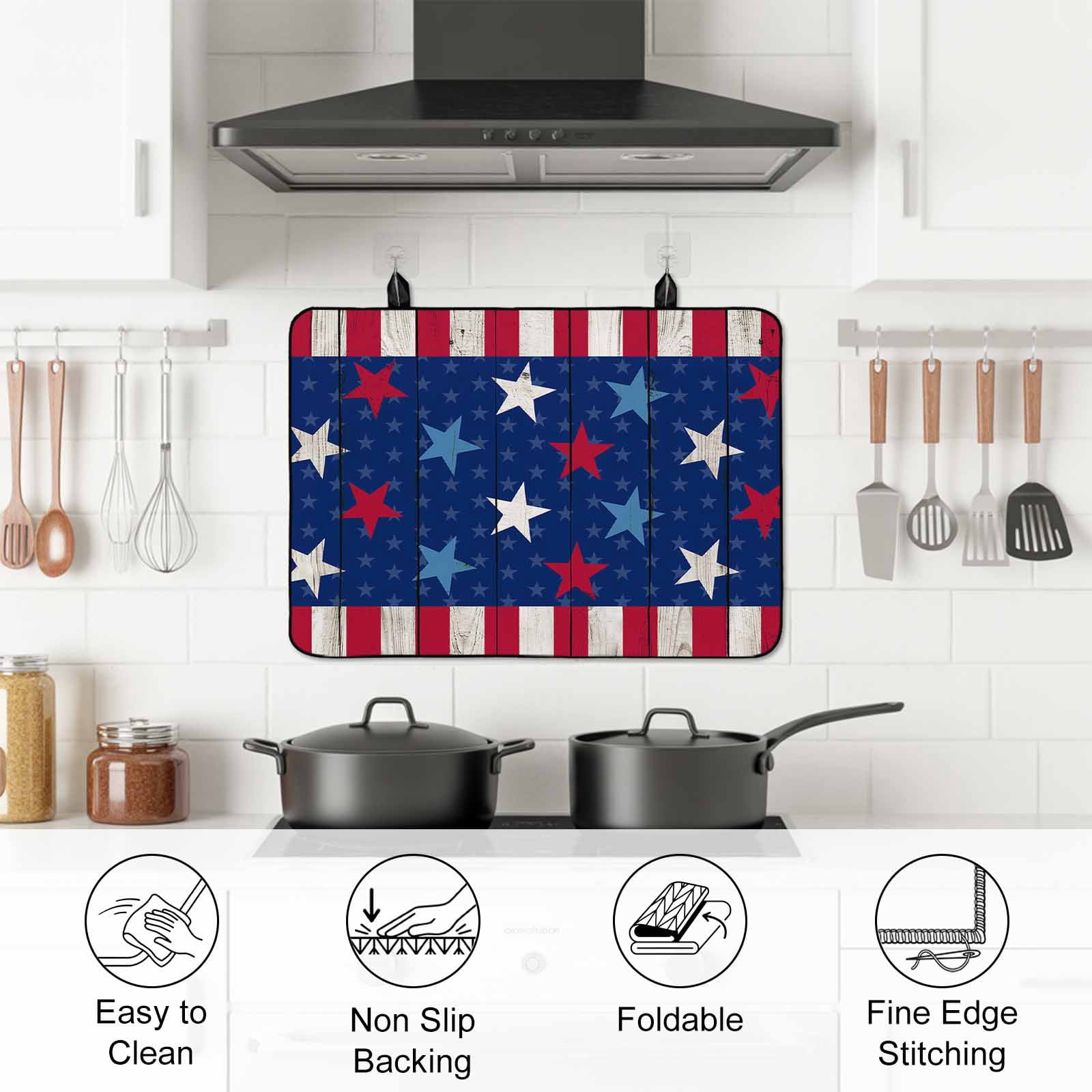 4th of July Stove Top Cover for Electric Stove, Heat-proof & Non Slip Glass Top Stove Cover Protector, Star Red Stripes Wood Independence Day Kitchen Flat Cooktop Rubber Mat 24x21 Inches