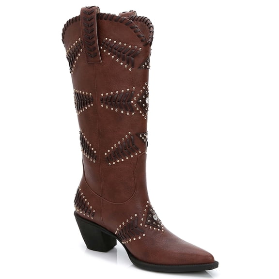 Ferwind Women's Cowgirl Boots Rhinestone and Studded Pull On Adult Brown  8
