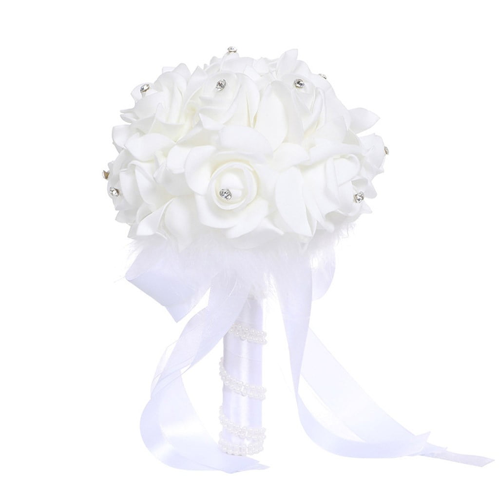 Romantic Roses Pearl Bridesmaid Wedding Bouquet Bridal Artificial Silk Flowers 