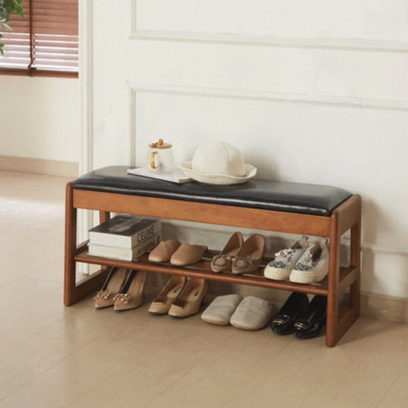 Nmkwnr 40 inch Wood Shoe Bench 2 Layer PU Seat Shoe Rack for Entrances, Living Rooms, Bedrooms, Brown