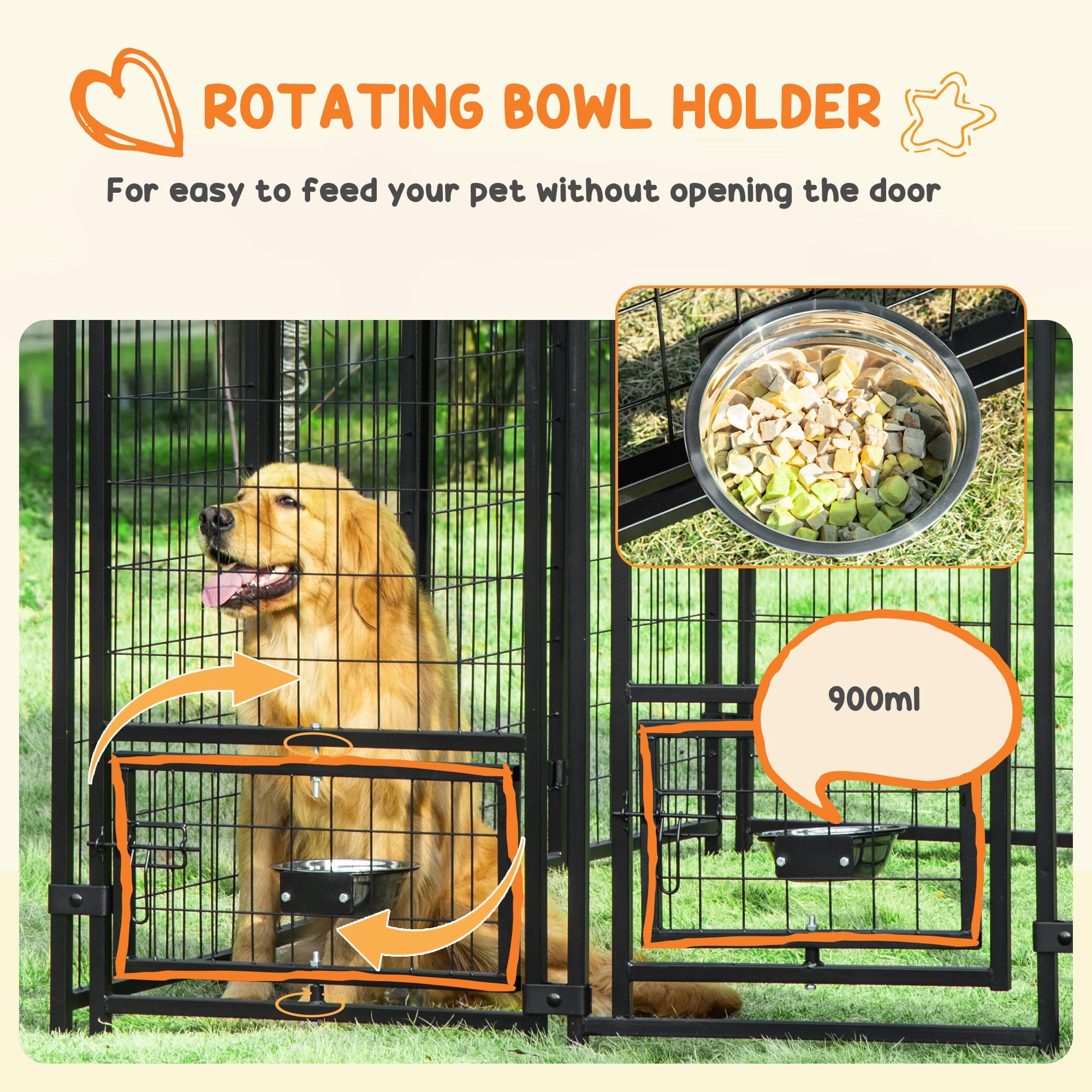 8x4x6 Feet Outdoor Dog Kennel for Small Medium Large Dogs, Heavy Duty Welded Wire Dog Run with 360° Rotating Bowls, Waterproof UV Resistant Cover, Secure Pet Playpen, Green