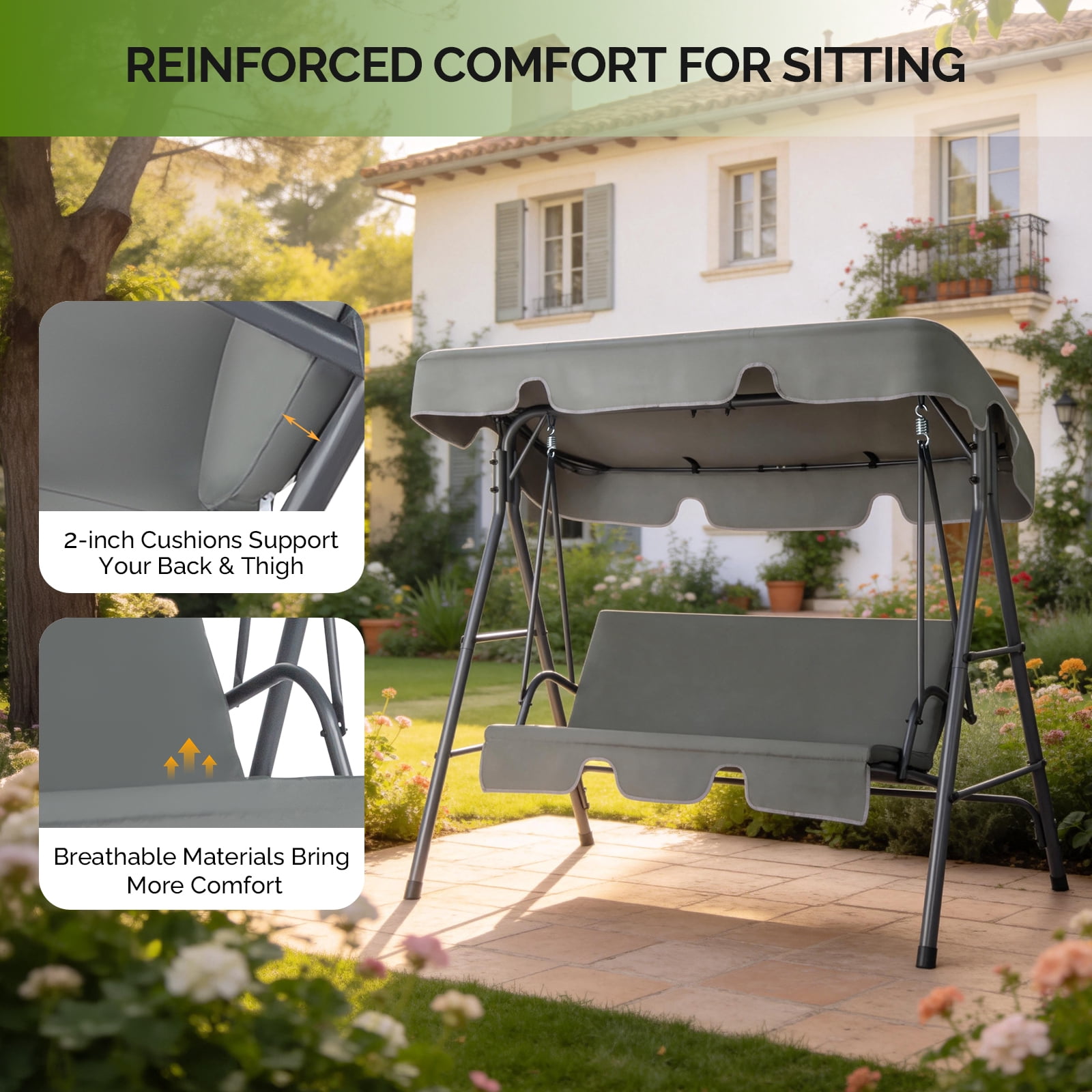 Outdoor Swing Set with Canopy & Cushion 250KG Weight Capacity Steel Frame Oxford Cloth Patio Swing for Garden Backyard Balcony