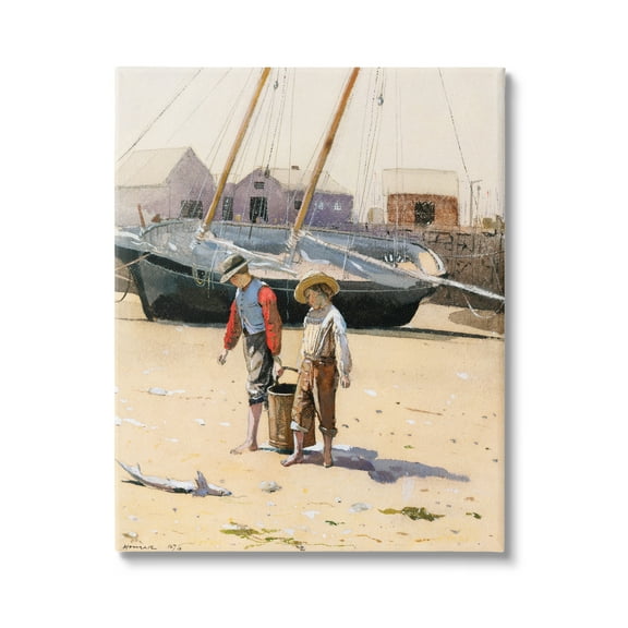 Stupell Industries Old Fashioned Man Woman Walking Beach Marina Painting Gallery Wrapped Canvas Print Wall Art, Design by Lettered and Lined