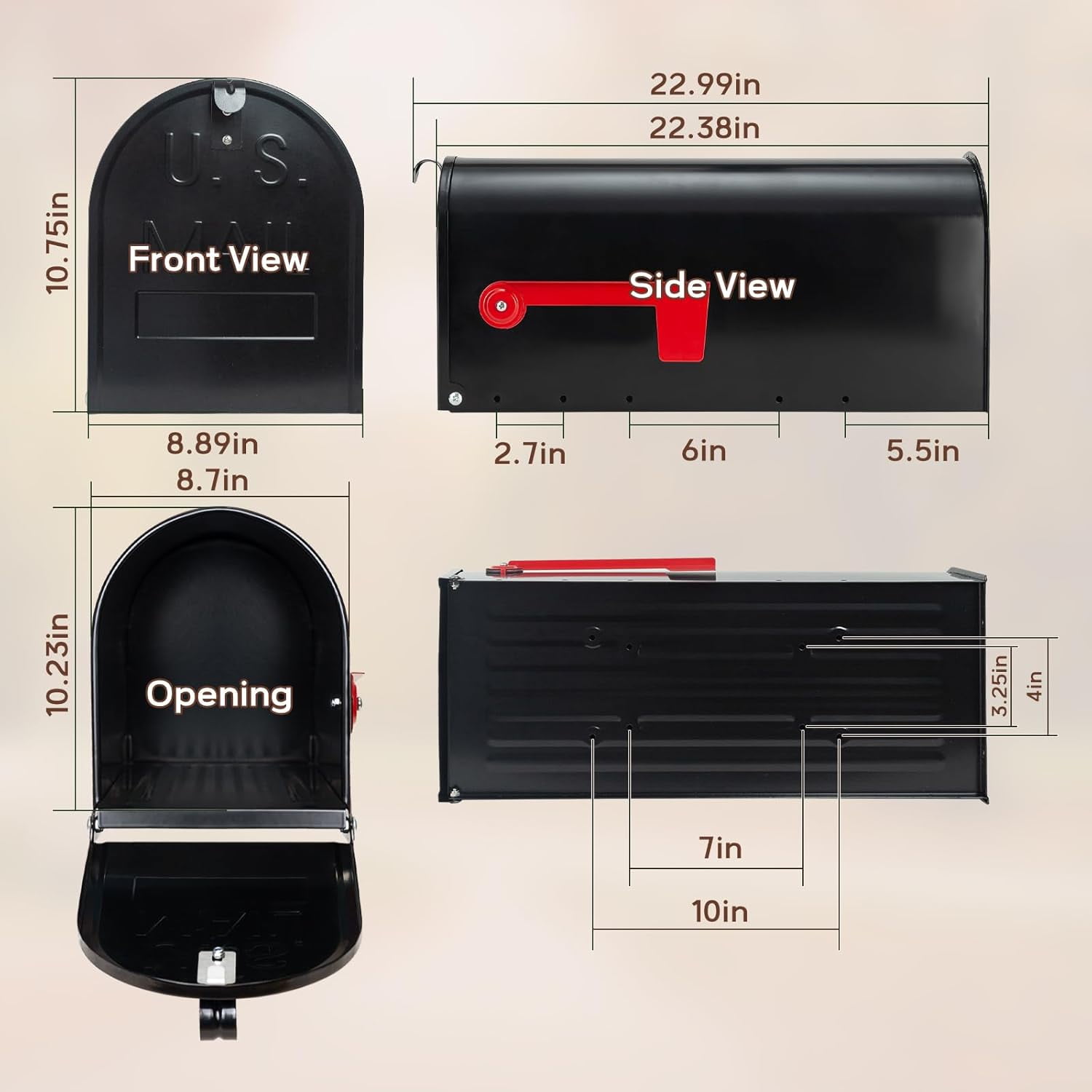 Large Mailboxes for Outside,  Black Metal Mailbox, Galvanized Steel Post Mount Mail Box,  Large Capacity, 23 x 10.7 x 8.9 Inches